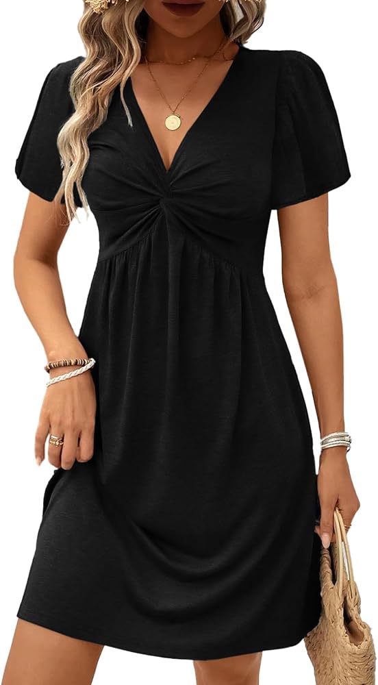 Black Twist Front V Neck Short Sleeve Mini Dress High Waist M |