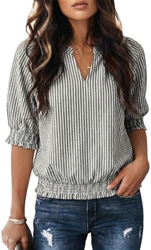 Black Vertical Striped Short Puff Sleeve Blouse Fashion 2026