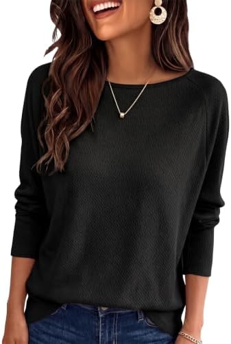 Black Waffle Knit Tops Long Sleeve Casual Crewneck Shirt