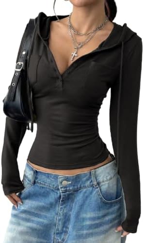 Black Y2K Cropped Hoodie Long Sleeve Top