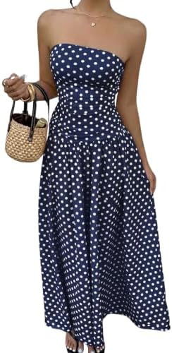 Blue and White Polka Dot Strapless Maxi Tube Dress