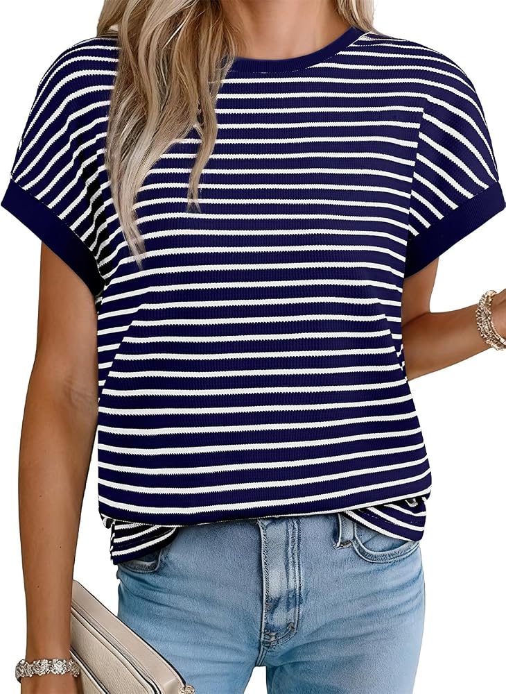Blue And White Striped Shirt Summer Short Sleeve Tops, Large |