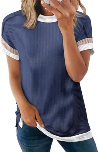 Blue Casual Fashion 2025 Summer Tops Short Sleeve Crewneck Loose
