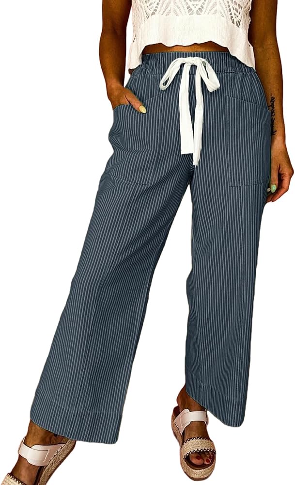 Blue Casual Fashion 2026 Fall Striped Pants Elastic Waist High
