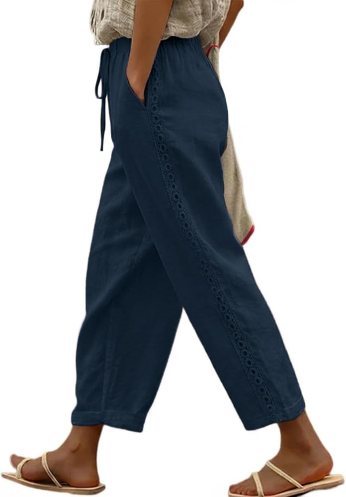 Blue Casual Linen Pants Drawstring Elastic Waist Fall Fashion