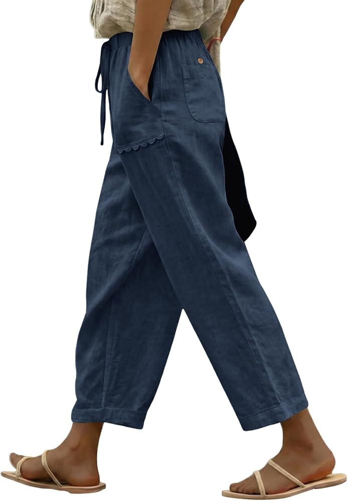Blue Casual Linen Pants Summer Lightweight Drawstring Elastic