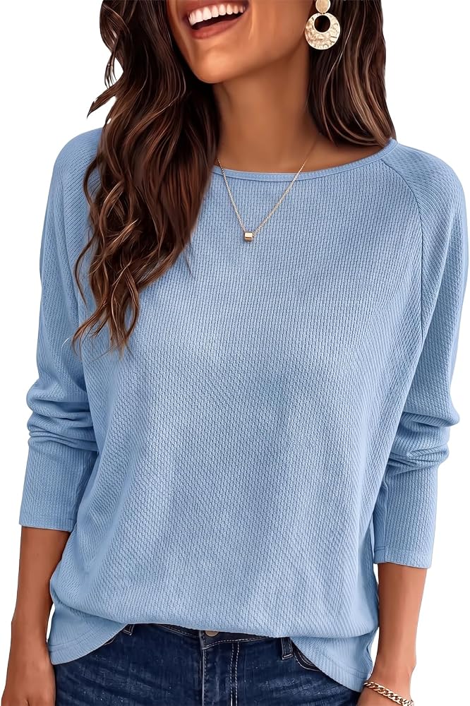 Blue Casual Loose Fit Knit Top Long Sleeve Pullover Waffle Shirt