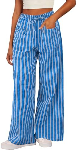 Blue Casual Striped Color Block Pants Drawstring Elastic Waist