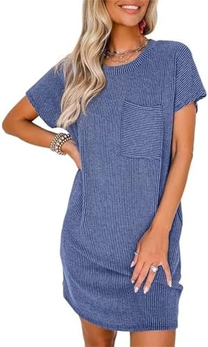 Blue Casual Summer Dresses 2026 Fashion Crewneck Short Sleeve