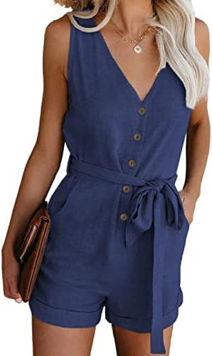 Blue Casual V Neck Sleeveless Button Down Belted Summer Romper