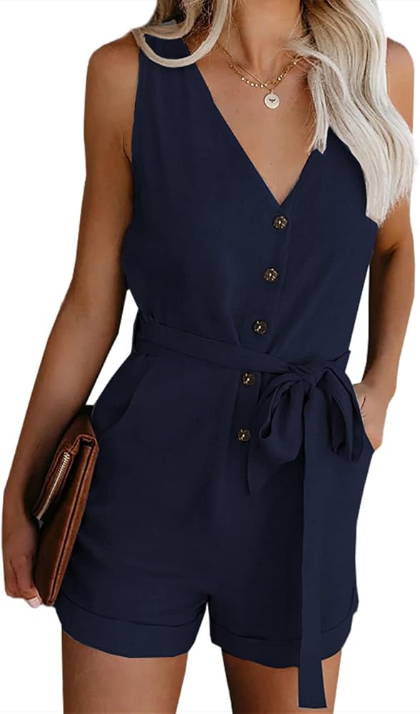 Blue Casual V Neck Sleeveless Button Down Belted Summer Short