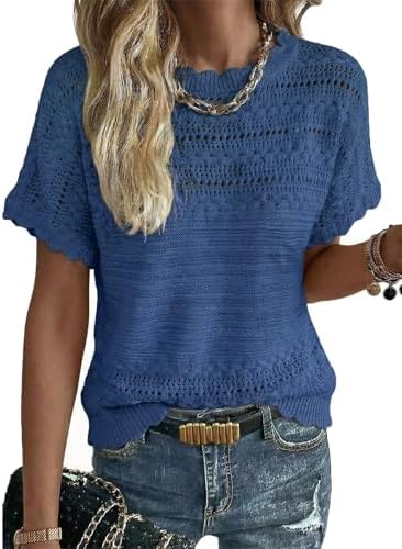 Blue Crochet Knit Sweater Crewneck Short Sleeve Top M | Crochet