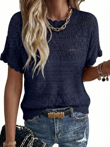 Blue Crochet Knit Sweater Crewneck Short Sleeve Top