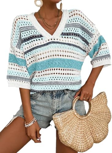 Blue Crochet Tops for Summer Short Sleeve Sweater