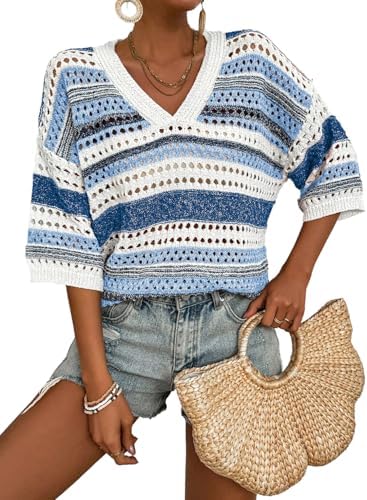 Blue Crochet Tops for Summer Short Sleeve Sweater