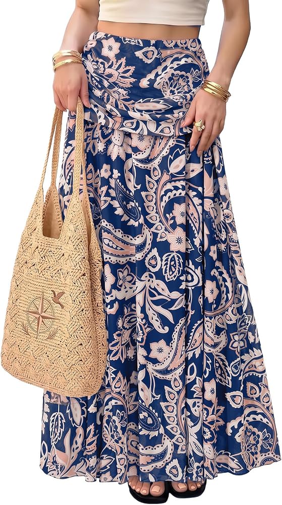Blue Elegant Maxi Skirt Mesh Shirred Waist Floral Paisley Chic