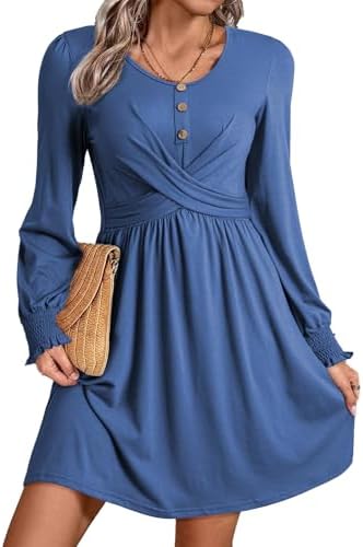 Blue Fall Dresses 2025 Beach Casual Long Sleeve Loose Sundress