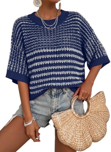 Blue Fashion 2026 Spring Loose Striped Knit Sweater Tops 3/4