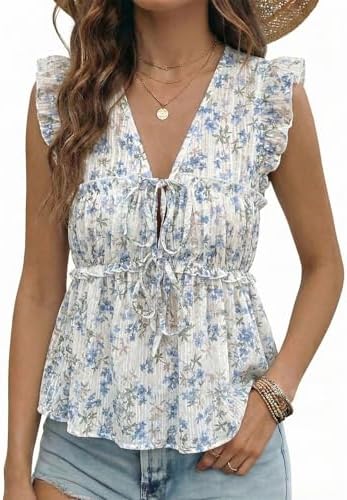 Blue Fashion Casual 2026 Summer V Neck Ruffle Cap Sleeve Babydoll