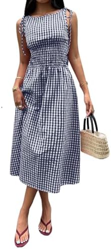 Blue Gingham Dress Flowy Maxi Beach Sun Dresses