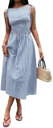 Blue Gingham Dress Flowy Maxi Beach Sun Dresses, Medium | Cotton