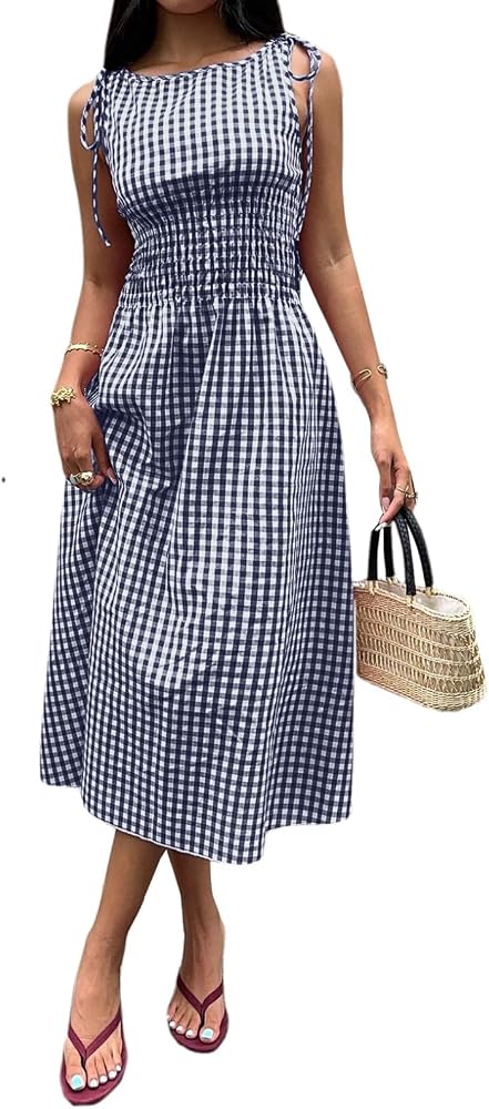 Blue Gingham Dress Flowy Maxi Beach Sun Dresses