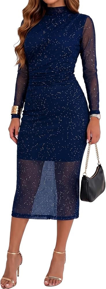 Blue Glitter Ruched Bodycon Midi Dresses 2026 Fashion Sparkly