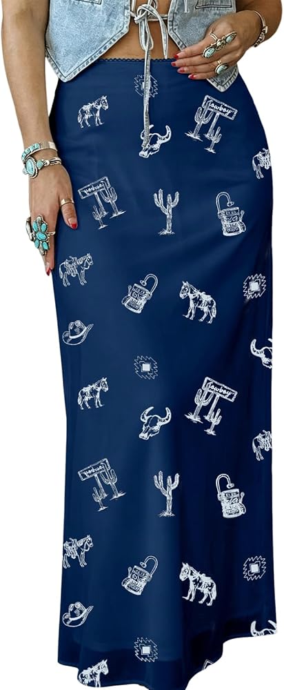 Blue High Waist Western Cowboy Print Mesh Boho Maxi Skirt