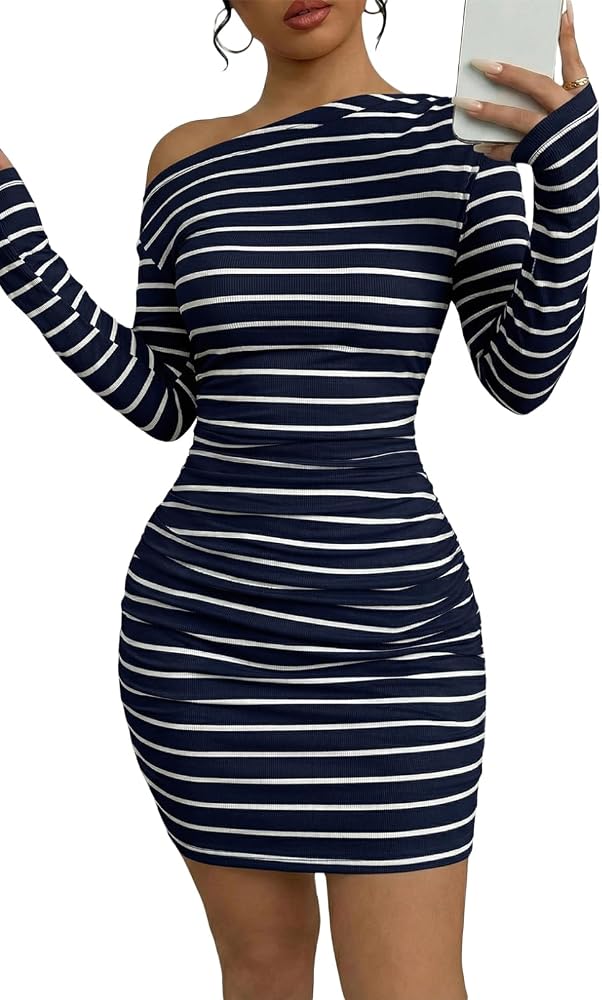 Blue Off the Shoulder Striped Long Sleeve Dress