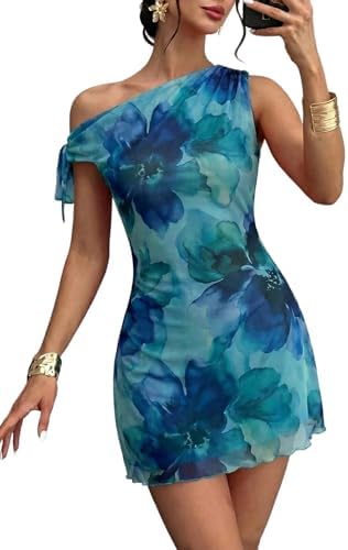 Blue One Shoulder Mesh Mini Dress Summer Fashion 2026 Sleeveless