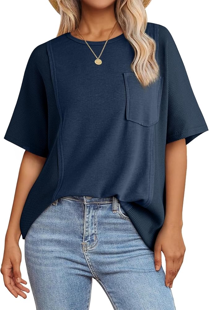 Blue Oversized T Shirts Loose Fit Crewneck Short Sleeve Waffle