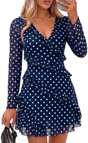 Blue Polka Dot Long Sleeve A Line Mesh Mini Dress