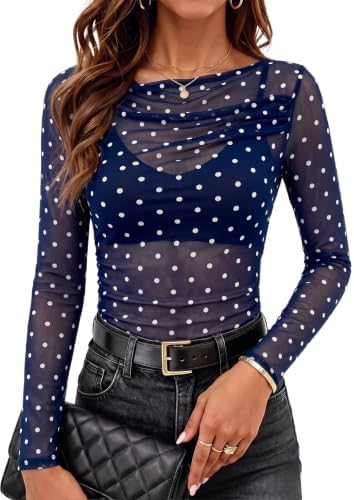 Blue Polka Dot Mesh Tops Fall Fashion 2026 Long Sleeve Boat Neck