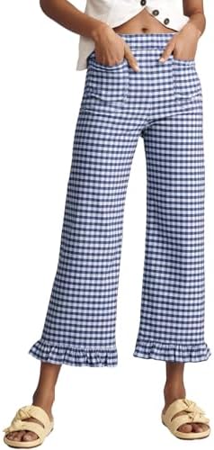 Blue 's Gingham Pants Ruffle Cropped Trousers