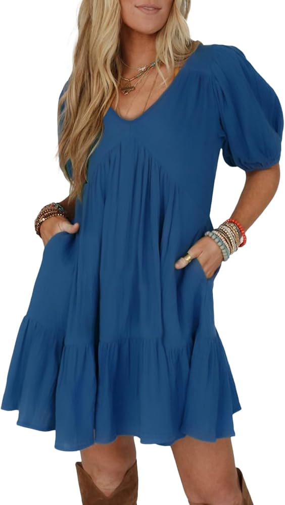 Blue Short Sleeve Babydoll Mini Dress