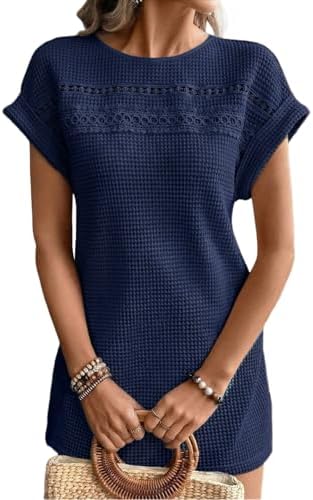 Blue Summer 2026 Waffle Knit Short Sleeve Crewneck Beach Cover Up