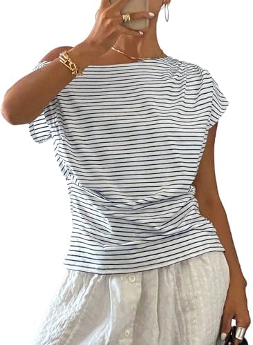 Blue Summer Striped Off the Shoulder Tops