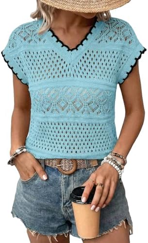 Blue Summer Tops Hollow Out Beach Crochet Cover Ups,Light