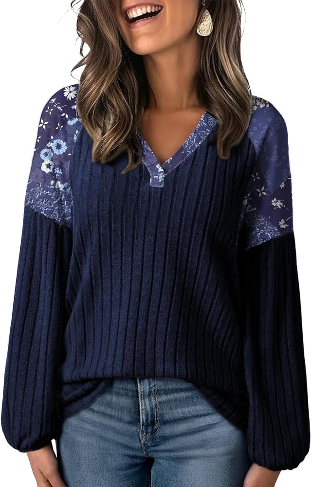 Blue Sweaters for V Neck Casual Knit Long Sleeve Tops Lightweight