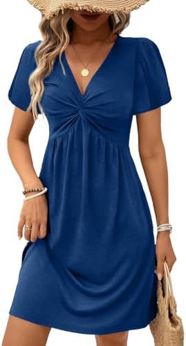 Blue Twist Front V Neck Short Sleeve Mini Dress High Waist