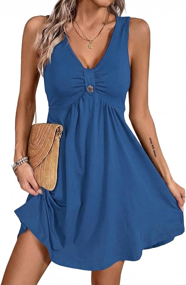 Blue V Neck Sleeveless Ruffle Sundress High Waist Dress S | V