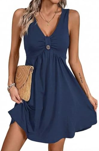Blue V Neck Sleeveless Ruffle Sundress High Waist Dress