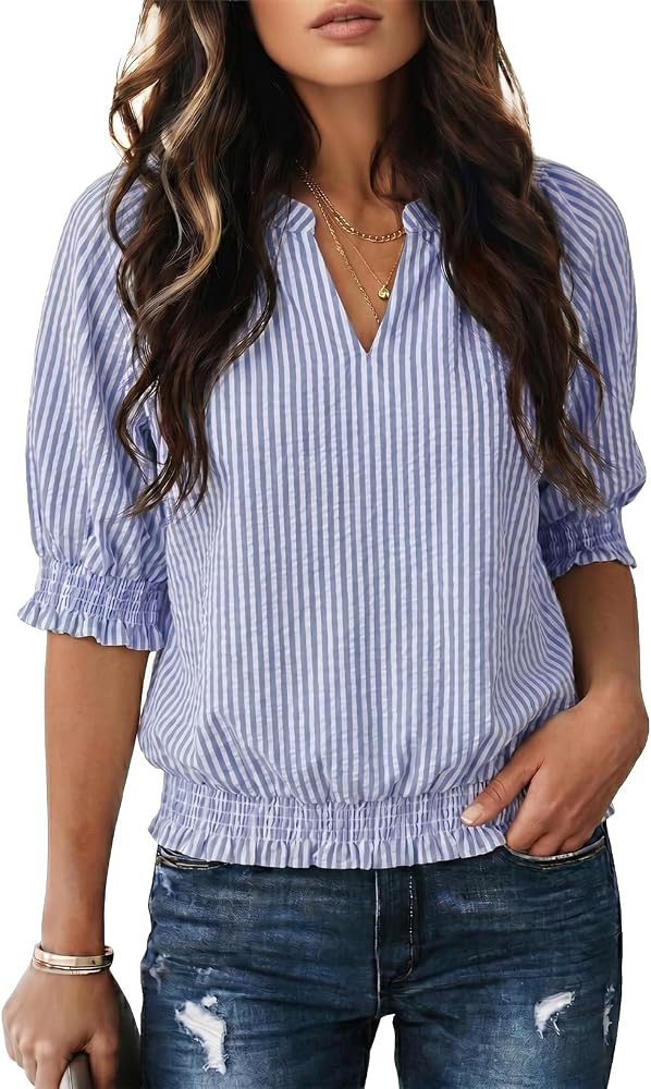 Blue Vertical Striped Short Puff Sleeve Blouse Fashion 2026