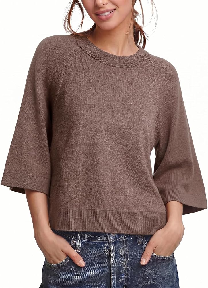Brown 3/4 Sleeve Sweaters Fall Knit Tops