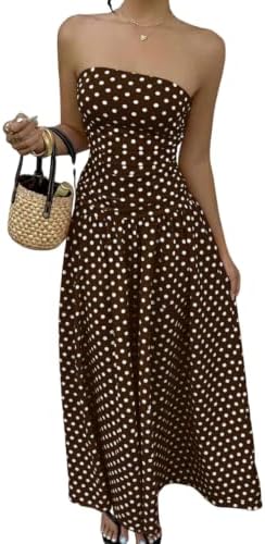 Brown and White Polka Dot Strapless Maxi Tube Dress