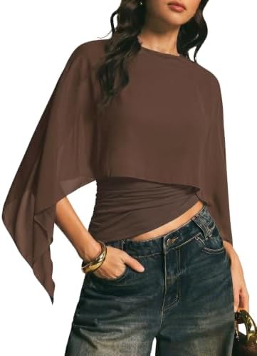 Brown Asymmetrical Tops Casual Sheer Mesh Tops