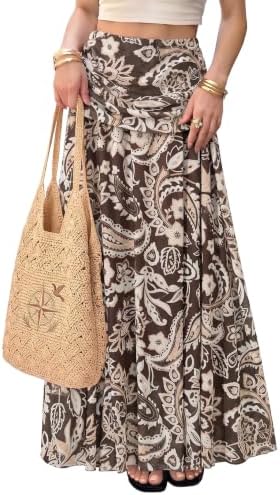 Brown Boho Maxi Skirt Mesh High Waist Floral Paisley Vacation