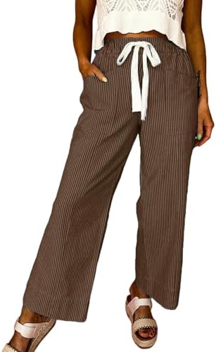 Brown Casual Fashion 2026 Fall Striped Pants Elastic Waist High