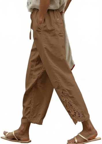 Brown Casual Linen Pants Lightweight Drawstring Elastic Waist