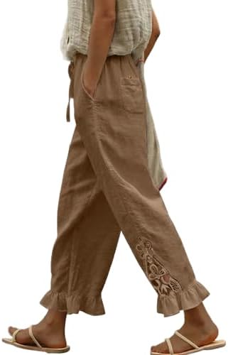 Brown Casual Linen Pants Lightweight Drawstring Elastic Waist